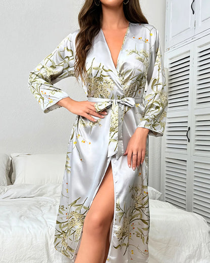 Grey Cherry Print Satin Nightgown & Robe Set