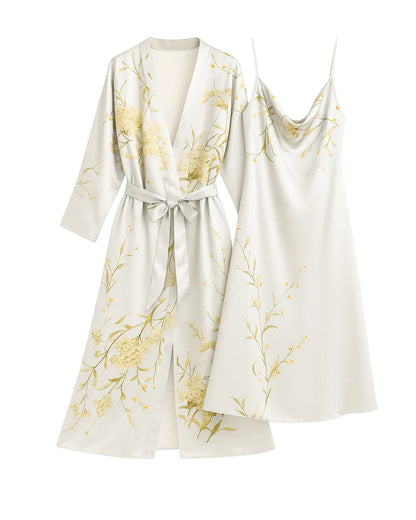 Grey Cherry Print Satin Nightgown & Robe Set