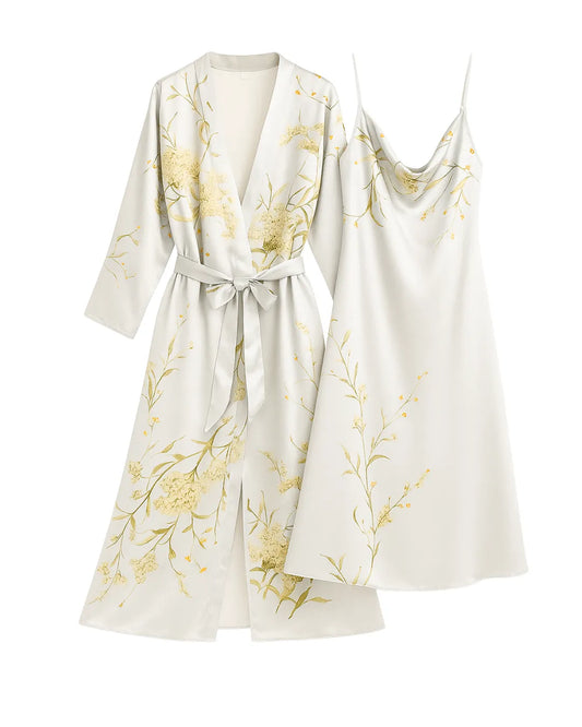Grey Cherry Print Satin Nightgown & Robe Set