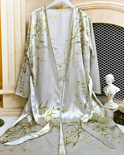 Grey Cherry Print Satin Nightgown & Robe Set