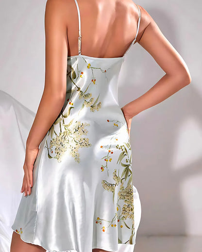 Grey Cherry Print Satin Nightgown & Robe Set