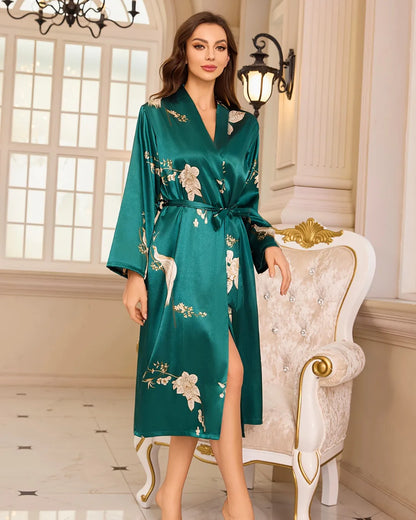 Floral Satin Longline Robe with Belt