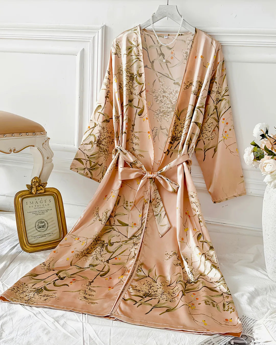 Gold Cherry Print Satin Nightgown & Robe Set