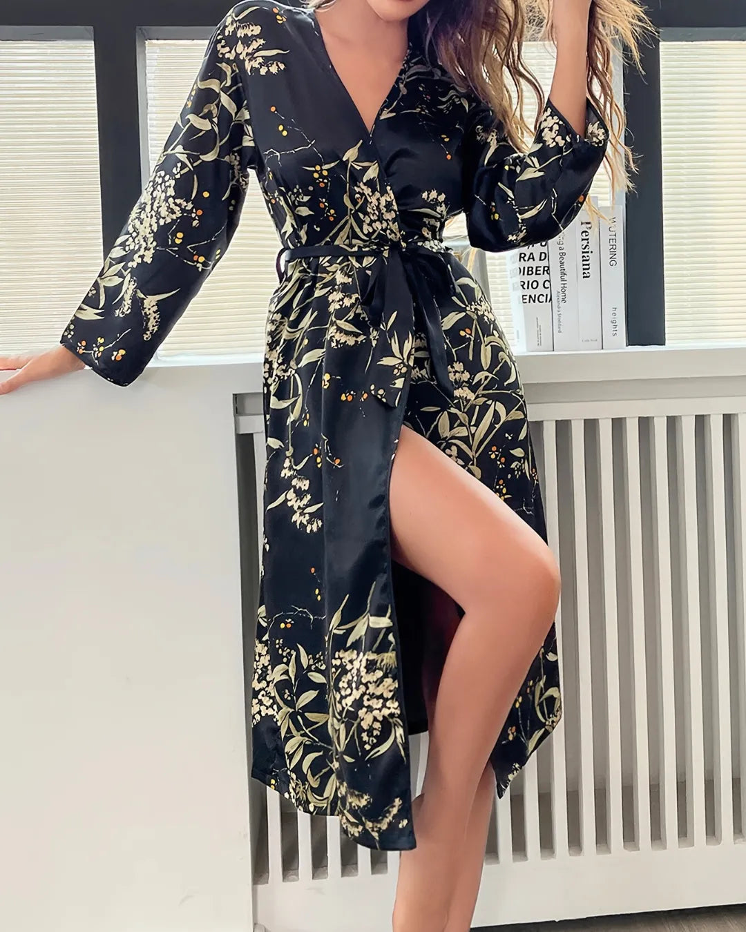 Black Cherry Print Satin Nightgown & Robe Set