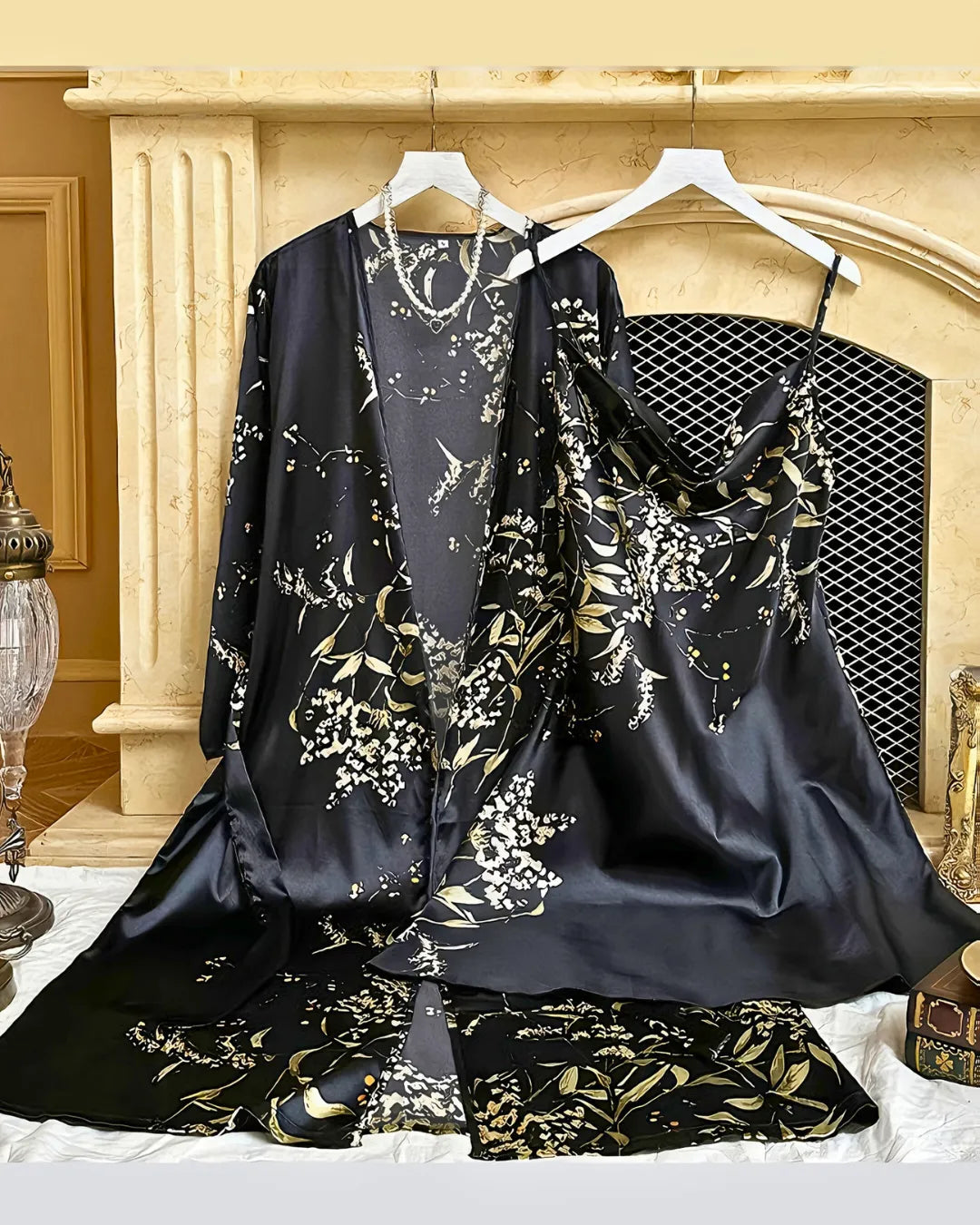 Black Cherry Print Satin Nightgown & Robe Set