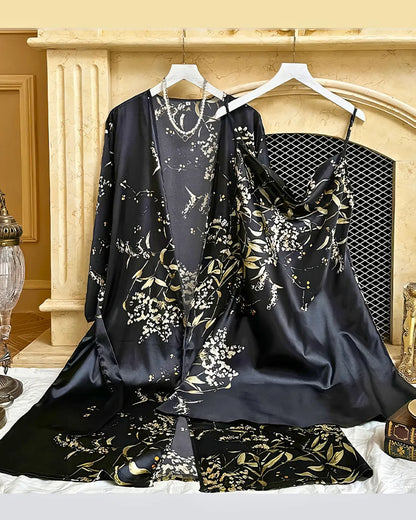 Black Cherry Print Satin Nightgown & Robe Set