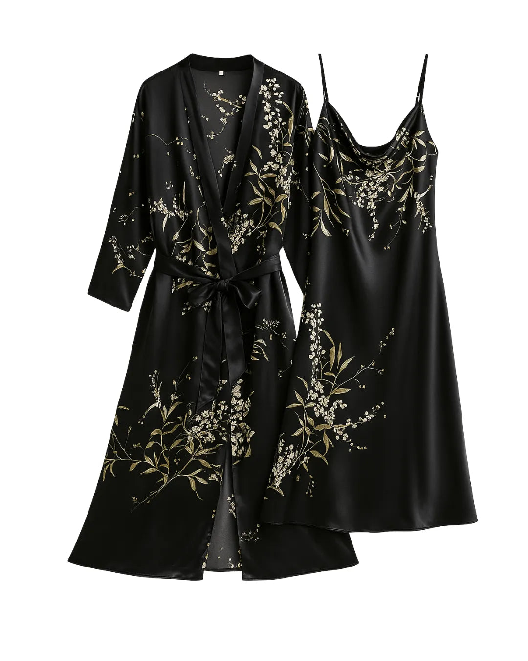 Black Cherry Print Satin Nightgown & Robe Set