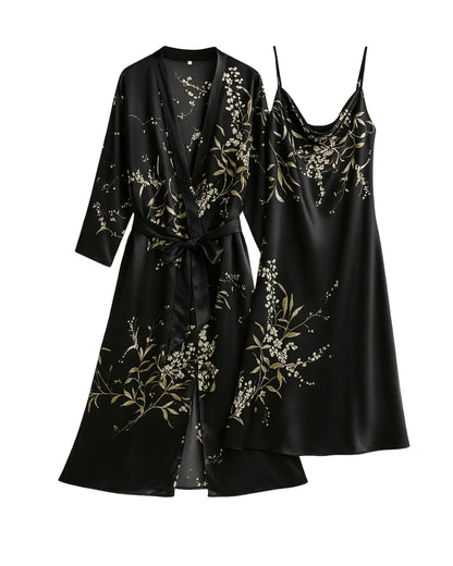 Black Cherry Print Satin Nightgown & Robe Set