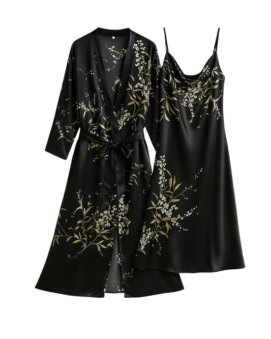 Black Cherry Print Satin Nightgown & Robe Set