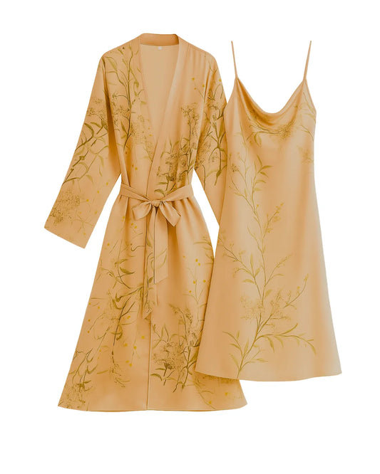 Gold Cherry Print Satin Nightgown & Robe Set